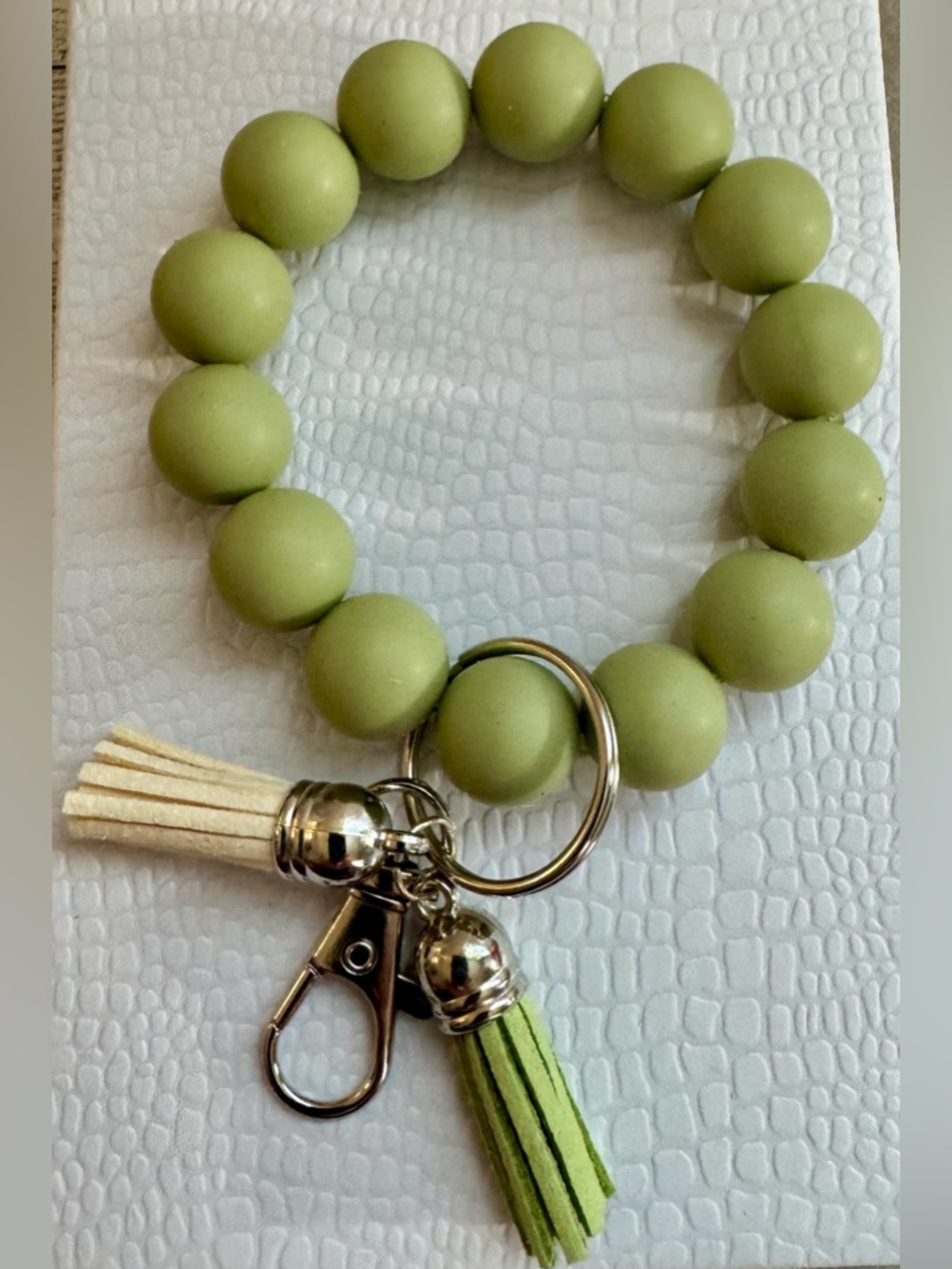 Beaded Keychain Bracelet Wristlet with Tassels - olive green